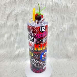 Rock music bands skinny tumbler drinking cup 20 Oz. with ice topper.